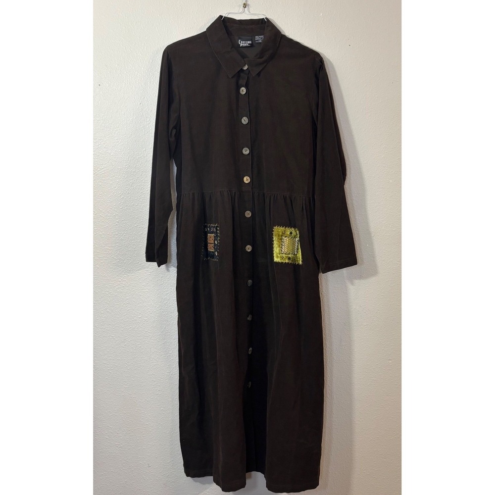 Crossing Pointe Brown Corduroy Button Front Maxi Dress Embroidered Patches Large